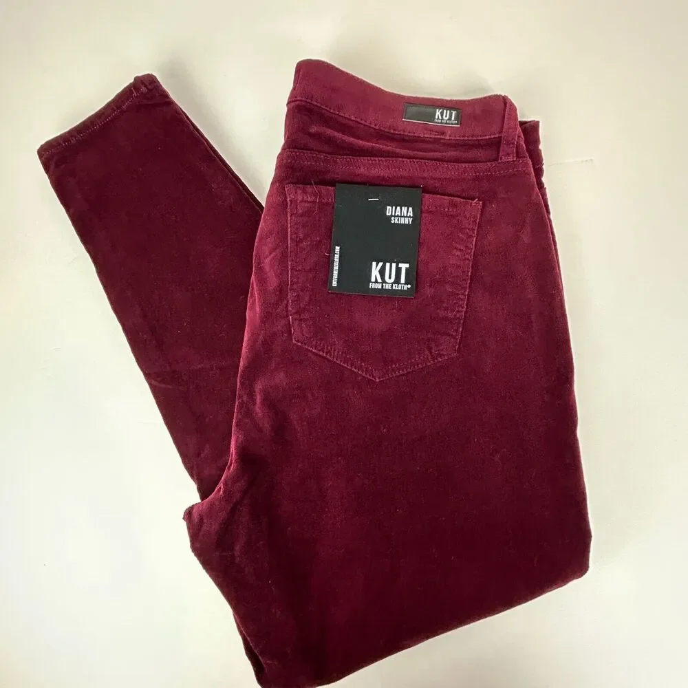 Kut From The Kloth Diana Skinny Corduroy Pants Women's 14W Currant Dark Red NWT